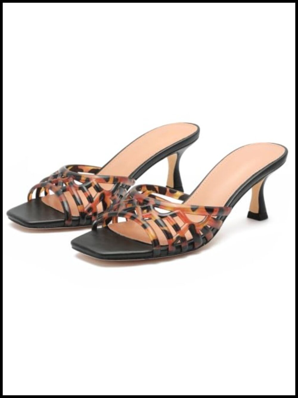 Faux Leather Kitten Heel Slide Mules Square Toe Lattice Heels Sandals